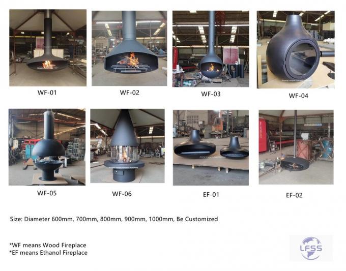 Bois suspendu noir, foyer brûlant, cheminée de toit, intérieur, acier, sur mesure 1