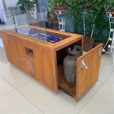 Rectangle Hidden LP Tank Corten Steel Gas Fire Pit Table For Backyard  Propane Burner